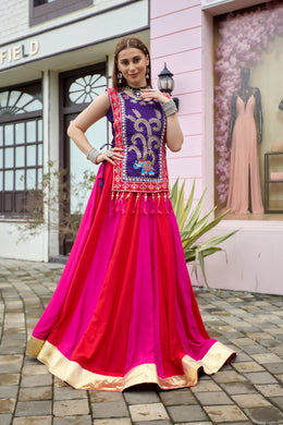 Women’s Rani Pink Gujarati Navratri Lehenga Choli with Embroidered Koti