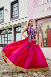 Women’s Rani Pink Gujarati Navratri Lehenga Choli with Embroidered Koti