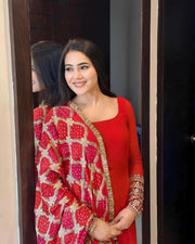 Women’s Red Embroidered Kurta Set with Printed Dupatta