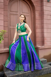 Women’s Green & Purple Gujarati Navratri Lehenga Choli with Gold Lace Border