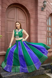 Women’s Green & Purple Gujarati Navratri Lehenga Choli with Gold Lace Border