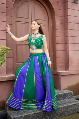 Women’s Green & Purple Gujarati Navratri Lehenga Choli with Gold Lace Border