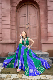Women’s Green & Purple Gujarati Navratri Lehenga Choli with Gold Lace Border