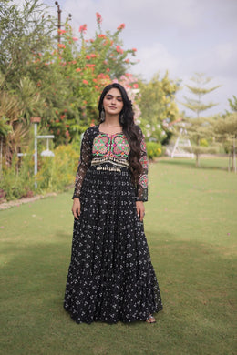 Women’s Bandhani Print Faux Georgette Gown with Kutchi Patchwork