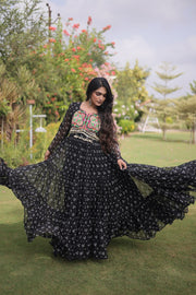 Women’s Bandhani Print Faux Georgette Gown with Kutchi Patchwork