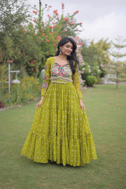 Women’s Bandhani Print Faux Georgette Gown with Kutchi Patchwork