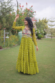 Women’s Bandhani Print Faux Georgette Gown with Kutchi Patchwork