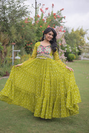 Women’s Bandhani Print Faux Georgette Gown with Kutchi Patchwork