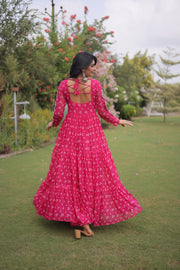 Women’s Bandhani Print Faux Georgette Gown with Kutchi Patchwork