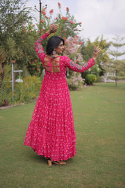 Women’s Bandhani Print Faux Georgette Gown with Kutchi Patchwork