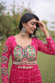 Women’s Bandhani Print Faux Georgette Gown with Kutchi Patchwork