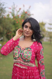 Women’s Bandhani Print Faux Georgette Gown with Kutchi Patchwork