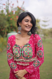 Women’s Bandhani Print Faux Georgette Gown with Kutchi Patchwork