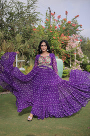 Women’s Bandhani Print Faux Georgette Gown with Kutchi Patchwork