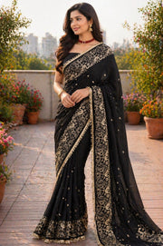 Women’s Embroidered Saree with Floral Border