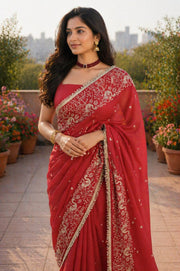 Women’s Embroidered Saree with Floral Border