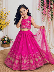 Girls Pink Embroidered Lehenga Choli with Dupatta