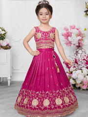 Girls Pink Embroidered Lehenga Choli with Dupatta