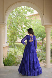 Women’s Laheriya Print Anarkali Gown with Kutchi Embroidery and Full Sleeves