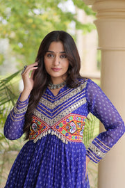 Women’s Laheriya Print Anarkali Gown with Kutchi Embroidery and Full Sleeves