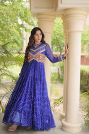 Women’s Laheriya Print Anarkali Gown with Kutchi Embroidery and Full Sleeves