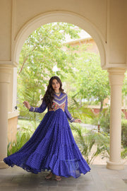 Women’s Laheriya Print Anarkali Gown with Kutchi Embroidery and Full Sleeves