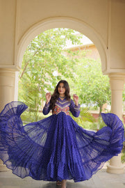 Women’s Laheriya Print Anarkali Gown with Kutchi Embroidery and Full Sleeves