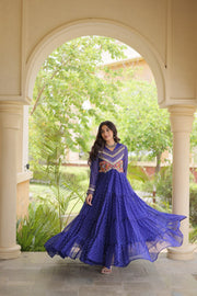 Women’s Laheriya Print Anarkali Gown with Kutchi Embroidery and Full Sleeves