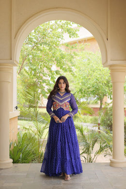 Women’s Laheriya Print Anarkali Gown with Kutchi Embroidery and Full Sleeves