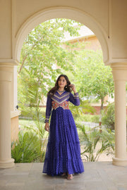 Women’s Laheriya Print Anarkali Gown with Kutchi Embroidery and Full Sleeves
