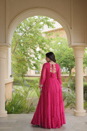 Women’s Laheriya Print Anarkali Gown with Kutchi Embroidery and Full Sleeves