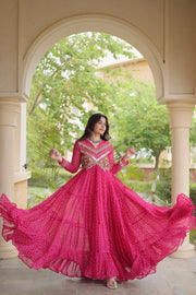 Women’s Laheriya Print Anarkali Gown with Kutchi Embroidery and Full Sleeves