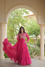Women’s Laheriya Print Anarkali Gown with Kutchi Embroidery and Full Sleeves