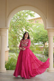 Women’s Laheriya Print Anarkali Gown with Kutchi Embroidery and Full Sleeves