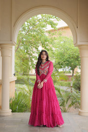 Women’s Laheriya Print Anarkali Gown with Kutchi Embroidery and Full Sleeves