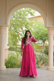 Women’s Laheriya Print Anarkali Gown with Kutchi Embroidery and Full Sleeves