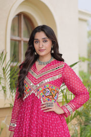 Women’s Laheriya Print Anarkali Gown with Kutchi Embroidery and Full Sleeves