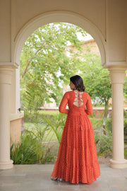 Women’s Laheriya Print Anarkali Gown with Kutchi Embroidery and Full Sleeves