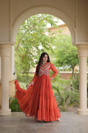 Women’s Laheriya Print Anarkali Gown with Kutchi Embroidery and Full Sleeves