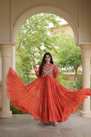 Women’s Laheriya Print Anarkali Gown with Kutchi Embroidery and Full Sleeves