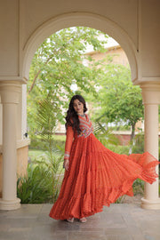 Women’s Laheriya Print Anarkali Gown with Kutchi Embroidery and Full Sleeves
