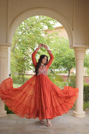 Women’s Laheriya Print Anarkali Gown with Kutchi Embroidery and Full Sleeves