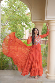 Women’s Laheriya Print Anarkali Gown with Kutchi Embroidery and Full Sleeves