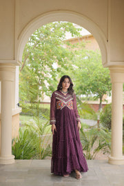 Women’s Laheriya Print Anarkali Gown with Kutchi Embroidery and Full Sleeves