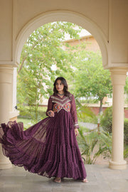 Women’s Laheriya Print Anarkali Gown with Kutchi Embroidery and Full Sleeves