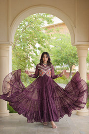 Women’s Laheriya Print Anarkali Gown with Kutchi Embroidery and Full Sleeves