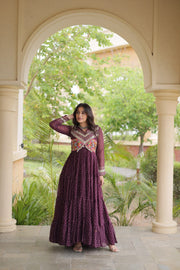 Women’s Laheriya Print Anarkali Gown with Kutchi Embroidery and Full Sleeves