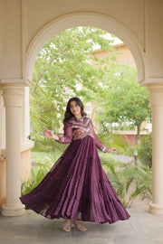 Women’s Laheriya Print Anarkali Gown with Kutchi Embroidery and Full Sleeves