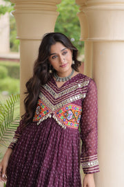 Women’s Laheriya Print Anarkali Gown with Kutchi Embroidery and Full Sleeves