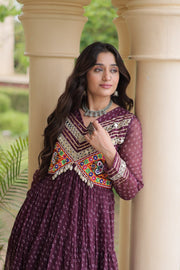 Women’s Laheriya Print Anarkali Gown with Kutchi Embroidery and Full Sleeves